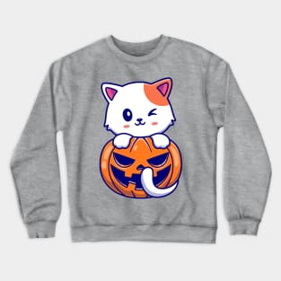 Cute Cat With Pumpkin Halloween Cartoon Crewneck Sweatshirt